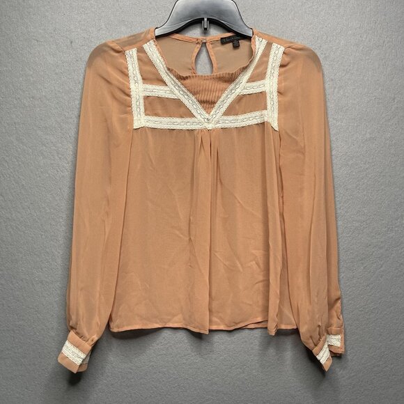 Luca Couture Tops - Lucca Couture XS Sheer Peach Long Sleeve Blouse White Lace Trim Keyhole Back
